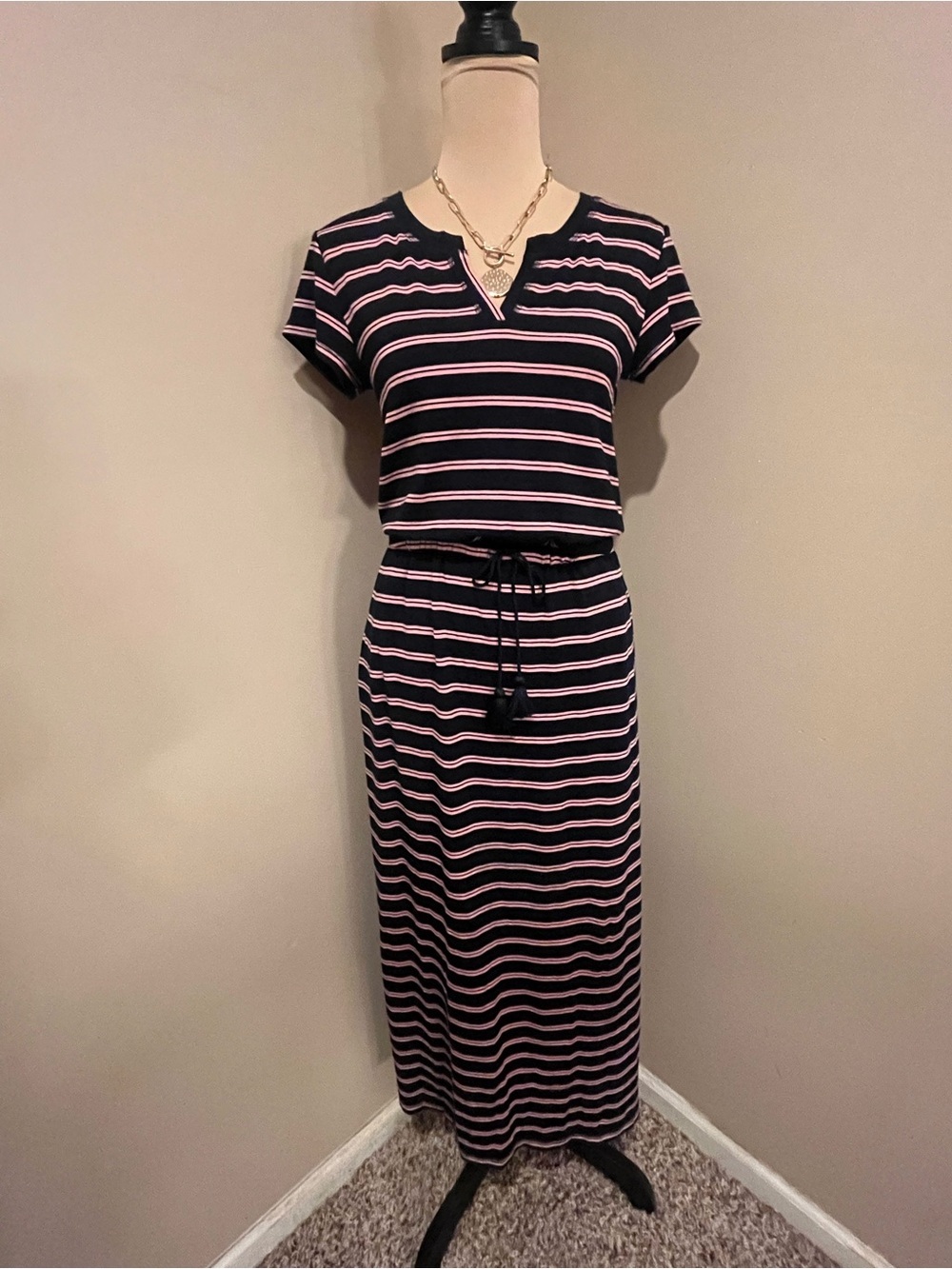 Talbots Striped Navy & Pink Short-Sleeve Drawstring Maxi Dress, size Small